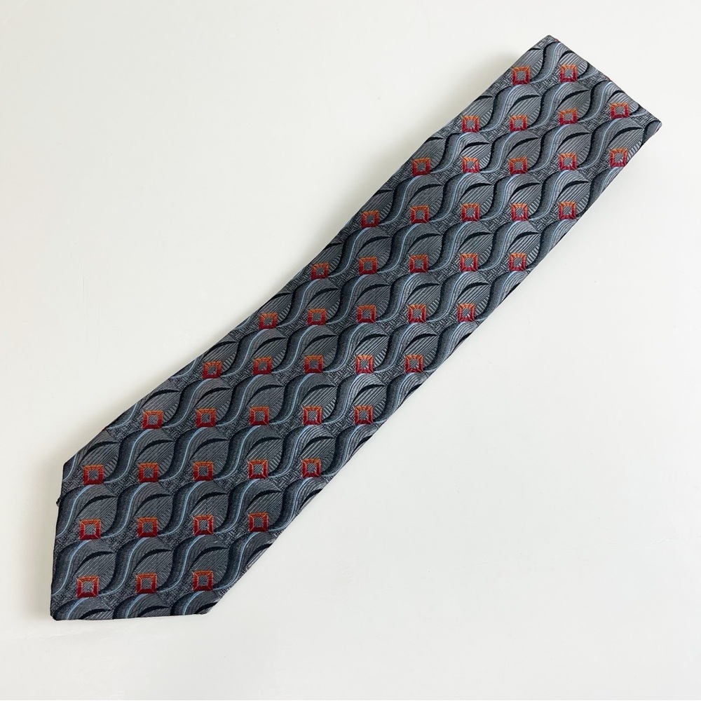 Kolte Italy Mens Tie Necktie Gray Red Geometric Hand Made Silk